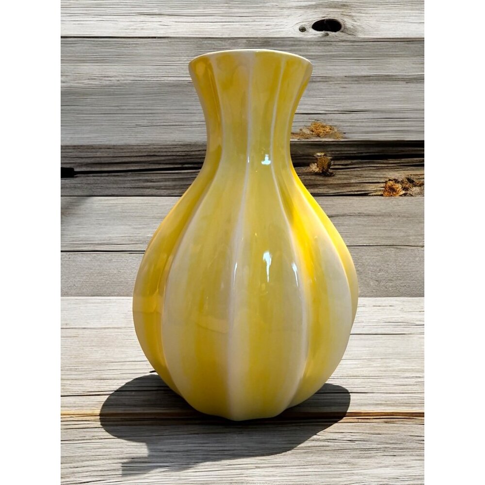 Vintage FTD Canary Yellow Fluted Bohemian Ceramic Floral Vase 1980's